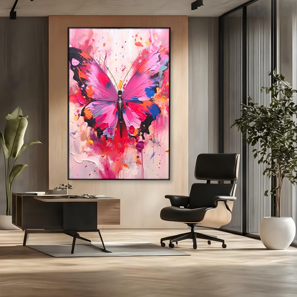 Tablou canvas cu pictura digitala cu fluture roz, in rama de aluminiu negru, pe perete intr-un birou